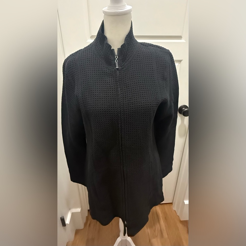 Eileen Fisher. Black Waffle Knit Full Zip Jacket. Size Small.